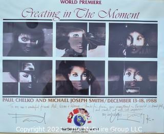 Framed Under Glass Signed Poster with Personal Message from The World Premiere of Creating in the Moment by Paul Chelko and Micheal Joseph Smith, 1988.  Signed by Paul Chelko.  Measures 22" x 28".