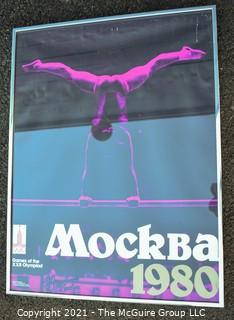 Vintage Framed Under Glass 1980 Mockba Russia Summer Olympics Gymnastics Official Poster Signed and Numbered by the Artist, Jennings.  Measures 20" x 26".