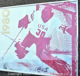 "The Miracle on Ice" Vintage Framed Under Glass 1980 Lake Placid Winter Olympics Hockey Official Poster Signed and Numbered by the Artist, Jennings.  Measures 20" x 26".