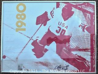 "The Miracle on Ice" Vintage Framed Under Glass 1980 Lake Placid Winter Olympics Hockey Official Poster Signed and Numbered by the Artist, Jennings.  Measures 20" x 26".