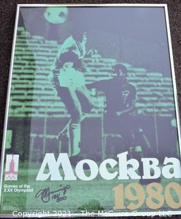 Vintage Framed Under Glass 1980 Mockba Russia Summer Olympics Soccer Official Poster Signed and Numbered by the Artist, Jennings.  Measures 20" x 26".