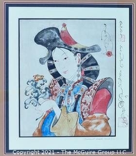 Framed Under Glass Ink and Gouache Painting Entitled "Traditional Dressed Woman" Signed by Artist Tsolmon Damba.  Measures 28" x 30".