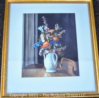 Framed Under Glass Watercolor on Paper of Flowers in Pitcher Still Life Signed by Artist, Gregory Strachov.  Measures 20" x 22".