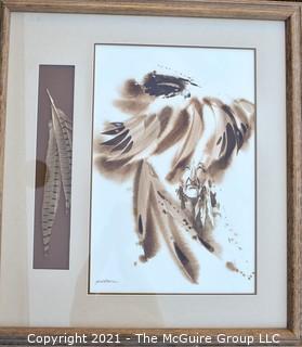 Framed Under Glass Watercolor and Ink on Paper of "Red Tail Hawk" (Portrait of a Native Amerian with Hawk) and Feather Signed by Artist Bert Seabourne.  Measures 28" x 30".