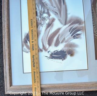 Framed Under Glass Watercolor and Ink on Paper of "Red Tail Hawk" (Portrait of a Native Amerian with Hawk) and Feather Signed by Artist Bert Seabourne.  Measures 28" x 30".