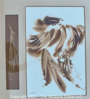 Framed Under Glass Watercolor and Ink on Paper of "Red Tail Hawk" (Portrait of a Native Amerian with Hawk) and Feather Signed by Artist Bert Seabourne.  Measures 28" x 30".