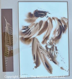 Framed Under Glass Watercolor and Ink on Paper of "Red Tail Hawk" (Portrait of a Native Amerian with Hawk) and Feather Signed by Artist Bert Seabourne.  Measures 28" x 30".