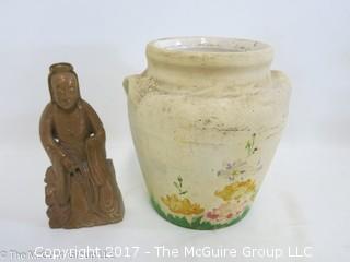 Hand painted ceramic vase and a stone carved Asian nobleman