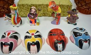 Group of Asian Decorative Items Including Rattan Vases, Figurines and Chinese Opera Miniature Hand Painted Face Masks