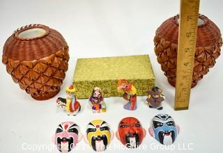 Group of Asian Decorative Items Including Rattan Vases, Figurines and Chinese Opera Miniature Hand Painted Face Masks