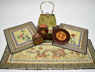 Asian Decorative Items Including Textiles, Trinket Boxes and Purse.