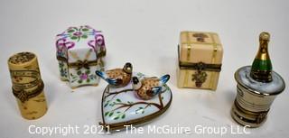 Five (5) Signed & Numbered Peint Main Limoges France Hinged Trinket Boxes.  One has a broken hinge. 