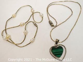 Two (2) Sterling Silver Necklaces, One with Malachite Heart Pendant. 