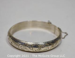 Vintage Sterling Silver Engraved Hinged Bangle Bracelet with Safety Chain.