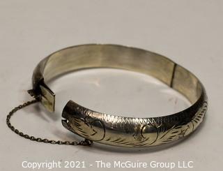 Vintage Sterling Silver Engraved Hinged Bangle Bracelet with Safety Chain.