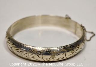 Vintage Sterling Silver Engraved Hinged Bangle Bracelet with Safety Chain.