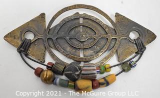 Vintage Artisan Made Hammered Metal Brooch with Native American Trade Beads Brooch Stamped M (Marjorie) Bauer San Francisco.  Measures 4" Wide. 