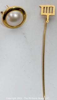 Two (2) Pieces of 14kt Yellow Gold Jewelry Including Stick Pin from The Gridiron Club and Foundation of Washington DC Made by Galt Jewelers and Pearl Earring. Pin weighs 1.3 grams and earring 4.1 grams. 