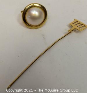 Two (2) Pieces of 14kt Yellow Gold Jewelry Including Stick Pin from The Gridiron Club and Foundation of Washington DC Made by Galt Jewelers and Pearl Earring. Pin weighs 1.3 grams and earring 4.1 grams. 