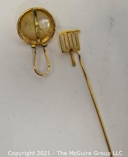 Two (2) Pieces of 14kt Yellow Gold Jewelry Including Stick Pin from The Gridiron Club and Foundation of Washington DC Made by Galt Jewelers and Pearl Earring. Pin weighs 1.3 grams and earring 4.1 grams. 