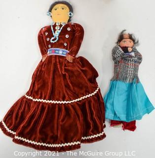 Two (2) Hand Made Native American Cloth Dolls and Kachina Doll Signed by Artist. 