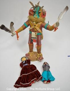 Two (2) Hand Made Native American Cloth Dolls and Kachina Doll Signed by Artist. 