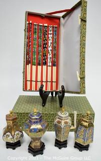 Group of Asian Decorative Items Including Chopsticks and Cloisonne Urns, Both in Presentation Boxes. One chopstick has separated from the handle. 