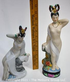 Two (2) Vintage Hand Painted Asian Women Porcelain Figurines.  They measures  13" tall.
