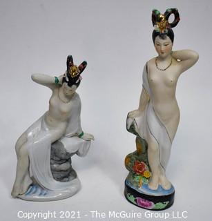 Two (2) Vintage Hand Painted Asian Women Porcelain Figurines.  They measures  13" tall.
