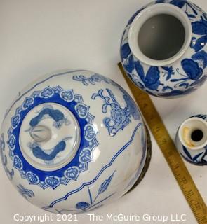 Three (3) Blue and White Hand Painted Porcelain Asian Style Vases. 