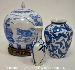 Three (3) Blue and White Hand Painted Porcelain Asian Style Vases. 