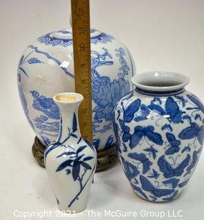 Three (3) Blue and White Hand Painted Porcelain Asian Style Vases. 