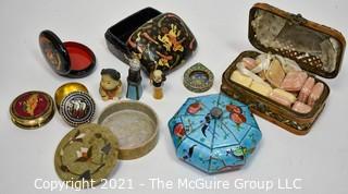 Collection of Trinket Boxes and Asian Figurines, Including Lacquer, Enamel Painted and Stone. 