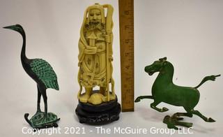 Three (3) Asian Decorative Items Including Cast Metal Figures and Carved Elder. 