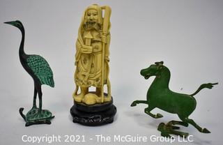 Three (3) Asian Decorative Items Including Cast Metal Figures and Carved Elder. 