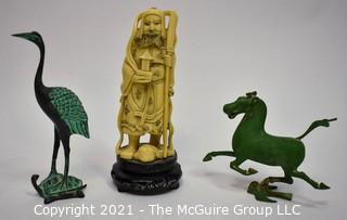 Three (3) Asian Decorative Items Including Cast Metal Figures and Carved Elder. 