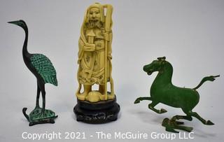 Three (3) Asian Decorative Items Including Cast Metal Figures and Carved Elder. 