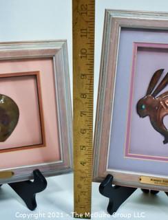 Two (2) Framed Under Glass Copper Southwest Style Art Sculptures by Bob Cooper - Bear Fetish and Mimbres Rabbit.  