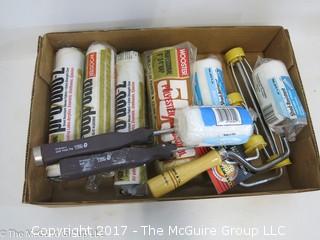 Collection of supplies including painting rollers and NIB hinges 