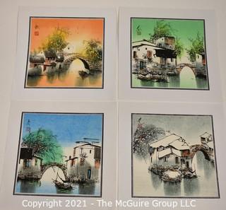 Set of Four (4) Unframed Pen and Gouache Watercolor Paintings on Paper of Village Scenes. Each measures 10" x 10".