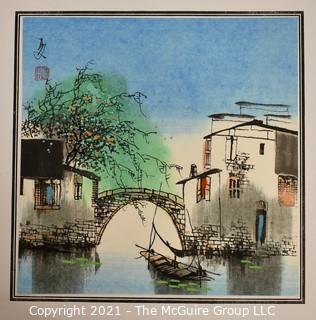 Set of Four (4) Unframed Pen and Gouache Watercolor Paintings on Paper of Village Scenes. Each measures 10" x 10".