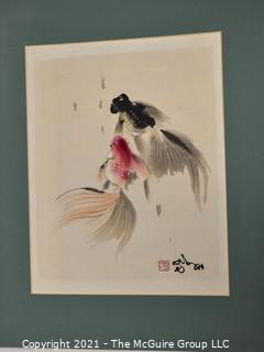 Unframed with Mat Asian Watercolor of Koi Fish with Chop Mark. Measures 19" x 16".