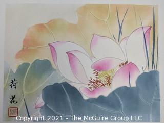 Unframed Asian Pen and Watercolor on Paper of Lily Pad. Measures 12 1/2" x 17".