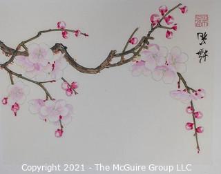 Unframed Asian Pen and Watercolor on Paper of Cherry Blossoms.  Measures 12 1/2" x 17".