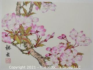 Unframed Asian Pen and Watercolor on Paper of Cherry Blossoms.  Measures 12 1/2" x 17".