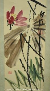 Vintage Asian Hand Painted Paper on Silk Hanging Scroll of Bamboo and Orchid with Chop Mark.  Measures 8" x 24".