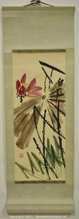 Vintage Asian Hand Painted Paper on Silk Hanging Scroll of Bamboo and Orchid with Chop Mark.  Measures 8" x 24".