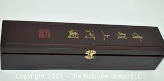 Asian Silk Hanging Scroll of Landscape with Embroidered Chop Mark in Presentation Box. Measures 15" x 60".