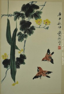 Vintage Asian Watercolor on  Paper Mounted on Silk Hanging Scroll of Sparrows with Chop Mark. Measures 23" x 60".