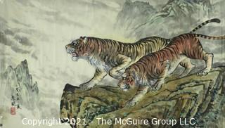 Unframed Asian Watercolor of Tigers on Tissue Paper with Chop Mark. Measures 26" x 42".